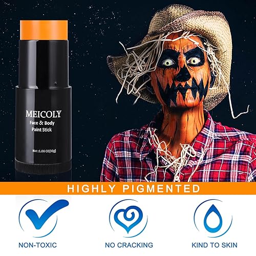 Miniatura 2 de MEICOLY Barra de pintura facial naranja (1.06 onzas), barra de pintura de cuerpo completo mezclable en crema, béisbol negro de ojo naranja,