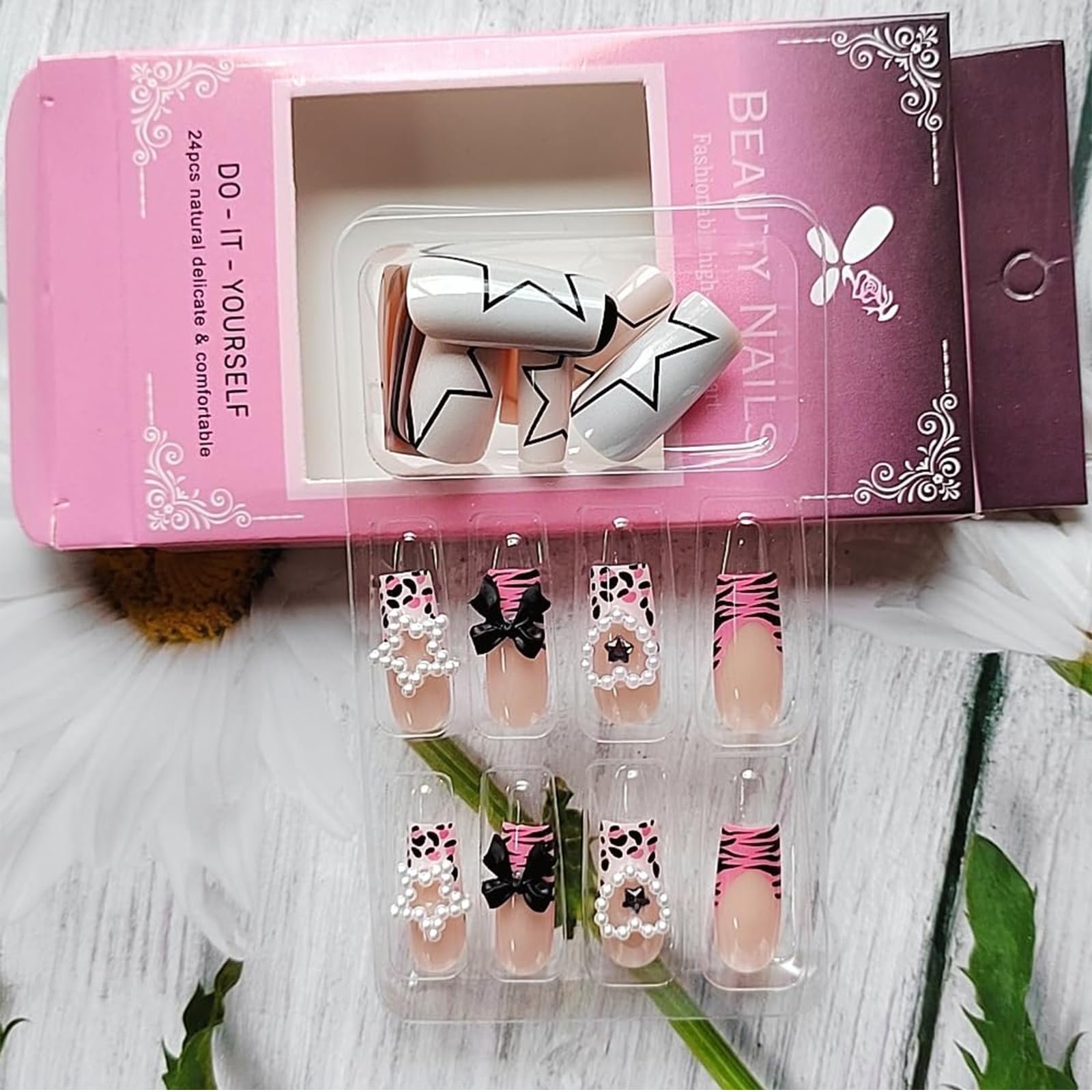 GlamRays 24-Piece Long Ballerina French False Nails, French Star Pattern Nail Stickers with 3D Dots, Heart, Bow Y2K Shiny Art Nails - Image 4