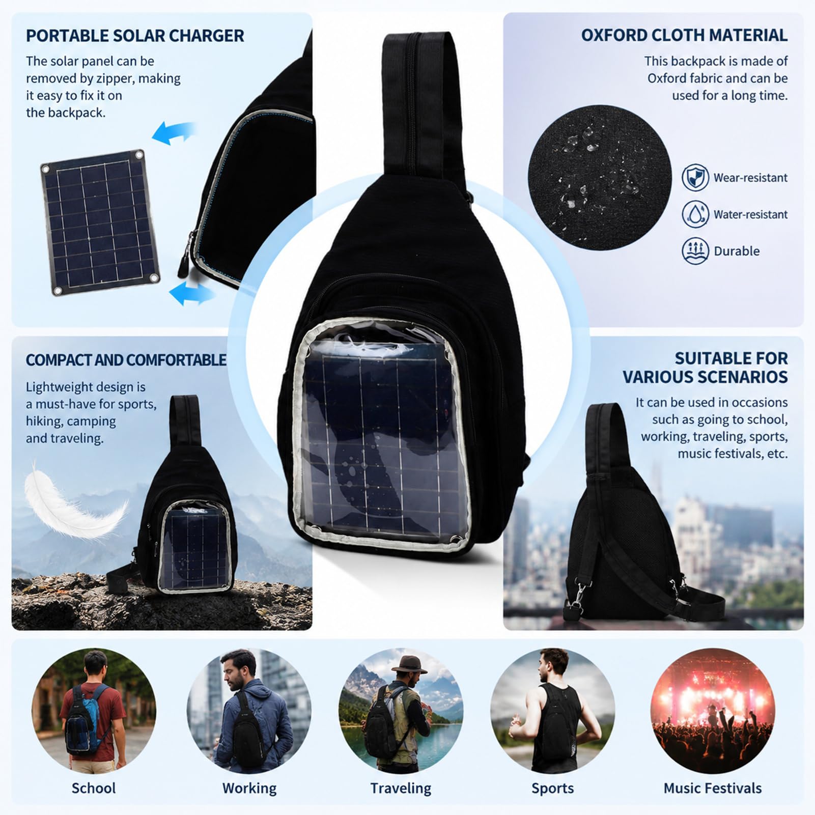 Generic Sac de Charge Solaire Portable avec Panneau Solaire 20W, pour Randonnée Camping, Sac à Dos élégant et Polyvalent, 1 unité en Tissu Oxford