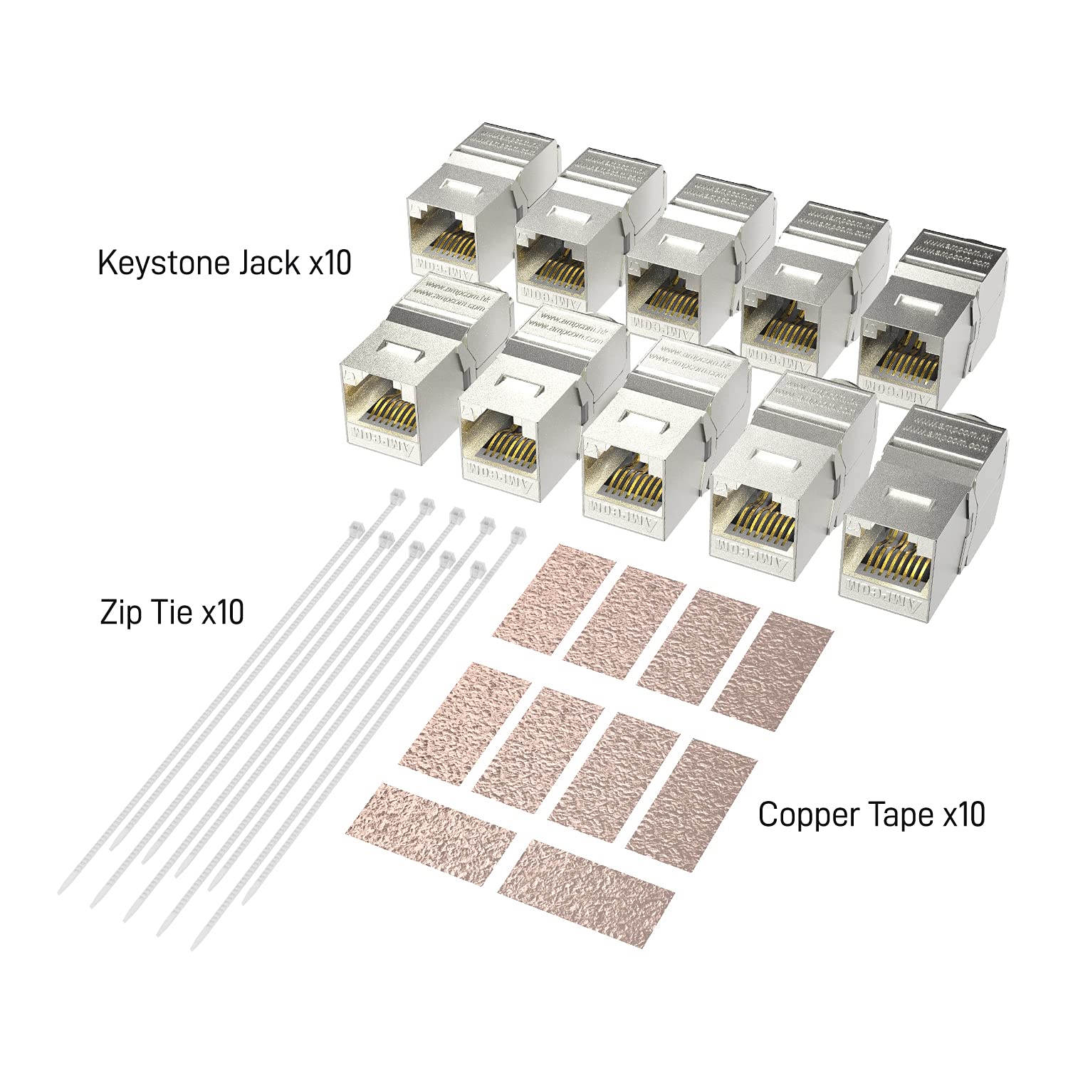 10-Pack RJ45 CAT 7 Tool-Less STP Shielded Keystone Jack, AMPCOM Self-Locking Cat7 Keystone Zinc Alloy Module Adapter No Punch-Down Tool Required Coupler for Wall Plate