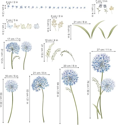 Miniatura 4 de decalmile Calcomanías de pared de flor de diente de león azul, calcomanías de pared con diseño de mariposa floreciente para dormitorio, sala de