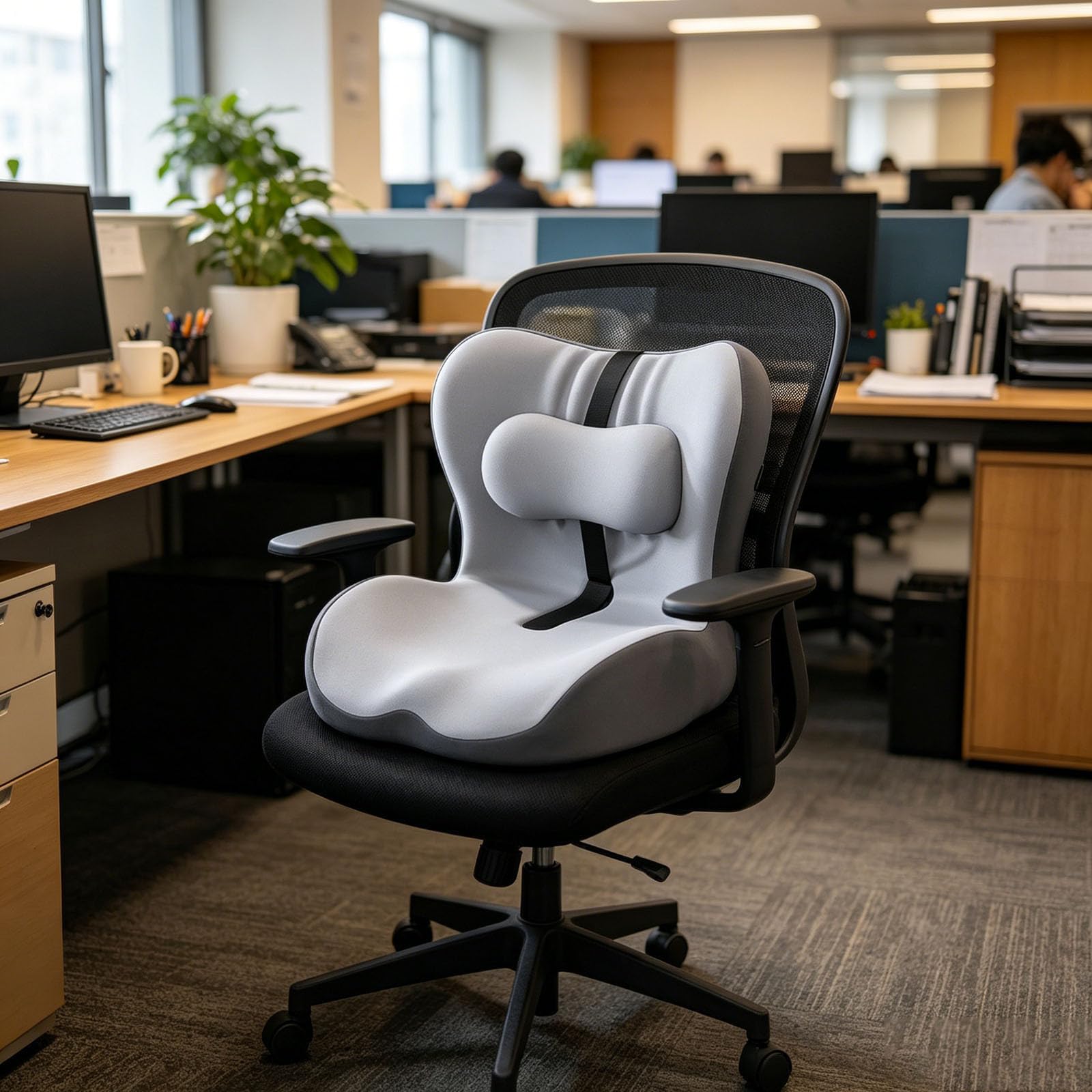 Generisch Cojín de espuma viscoelástica en forma de L integrado con soporte lumbar, cojín ortopédico para silla de oficina, respaldo ergonómico y cojín para el hogar, coche, silla de ruedas y sillas