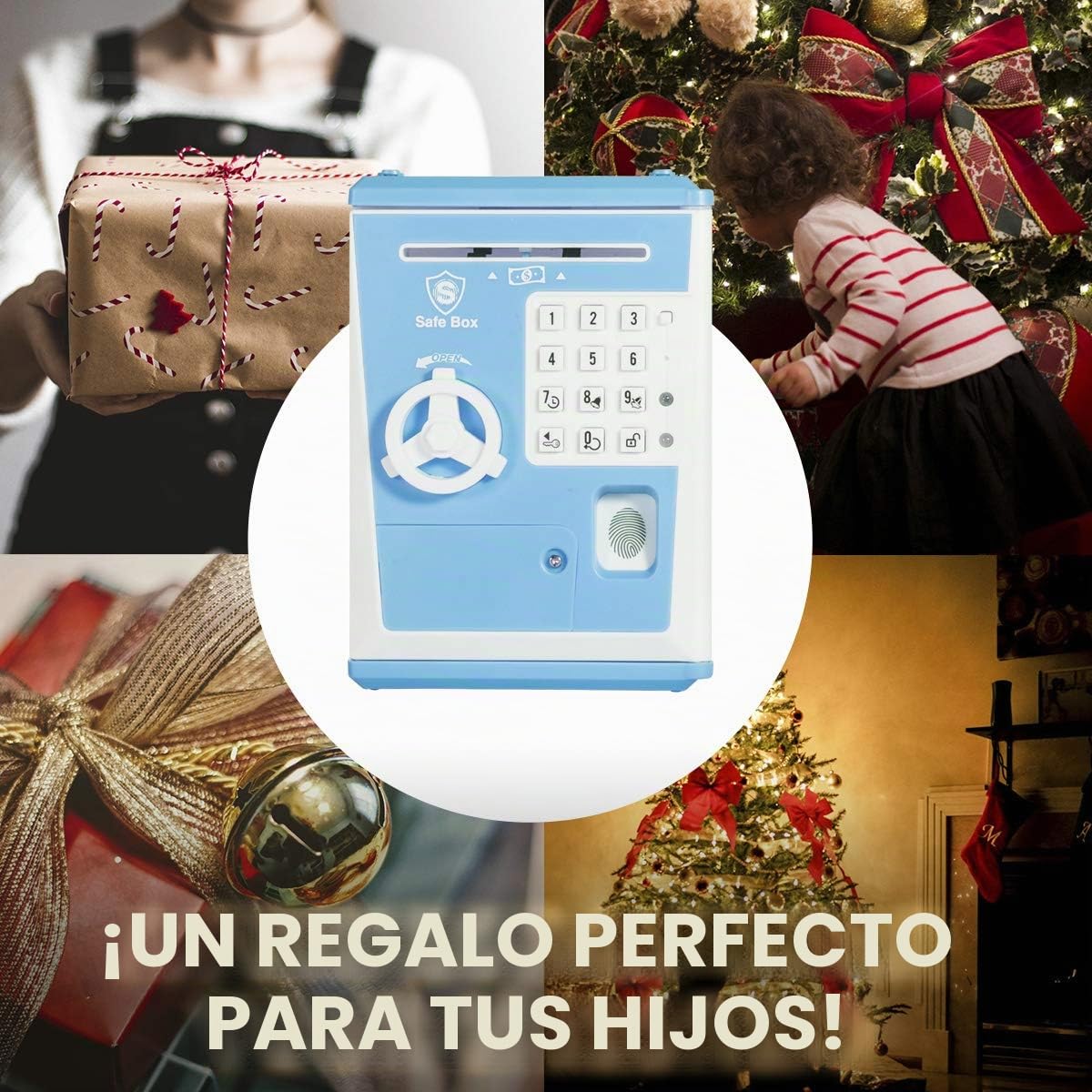 Caja de Ahorro para Niños con Contraseña de Huella Dactilar ATM que Habla Caja de Ahorro en Forma de Cerdo para Dinero Real Regalo de Juguete para Niños de 6-14 Años (Azul/Blanco)