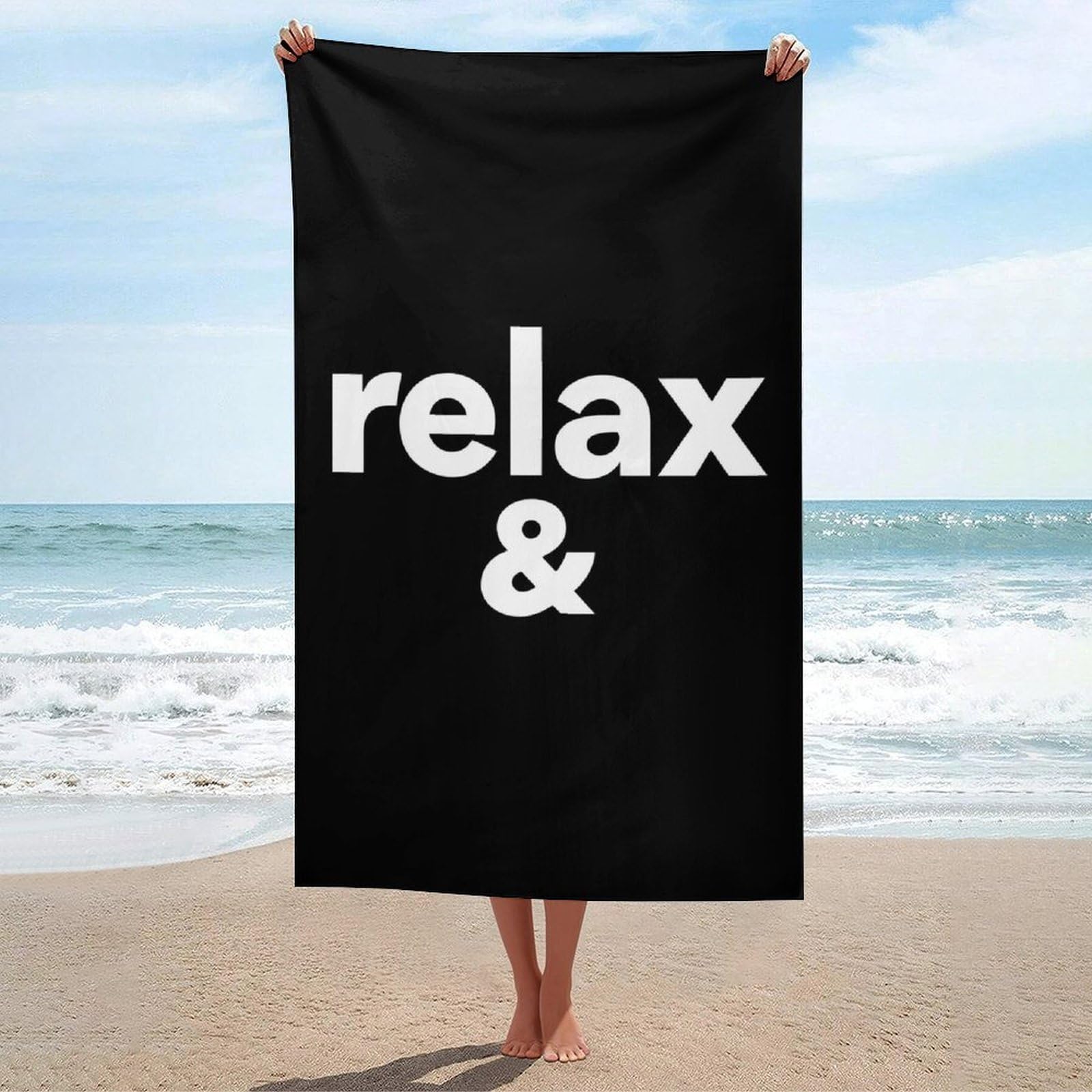 asbwuo Word Relax with and Symbol on Black Beach Towel