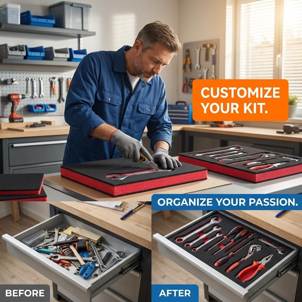 Toolbox Foam Inserts - 4 Pcs Cut-to-Fit Polyethylene Foam Sheets for Toolbox, Drawer, Cabinet, or Hard Case Organizer for Protection & Secure Equipment, Black & Red, 16 x 12 x 2 Inches
