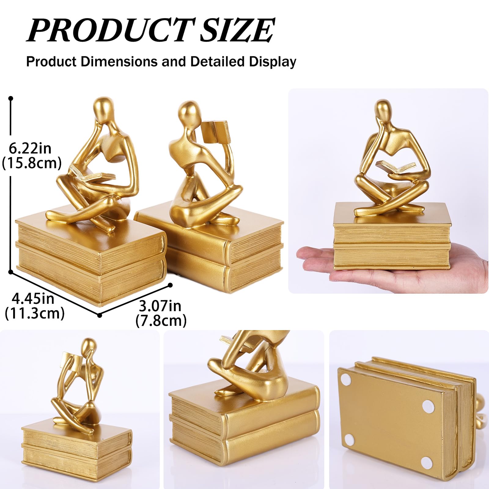 Reading Thinker Statue Buchstützen für Regale, dekorative Buchstützen für Buchliebhaber, einzigartiger Buchstopper für Home Office & Bücherregal-Dekor, modernes goldfarbenes ästhetisches