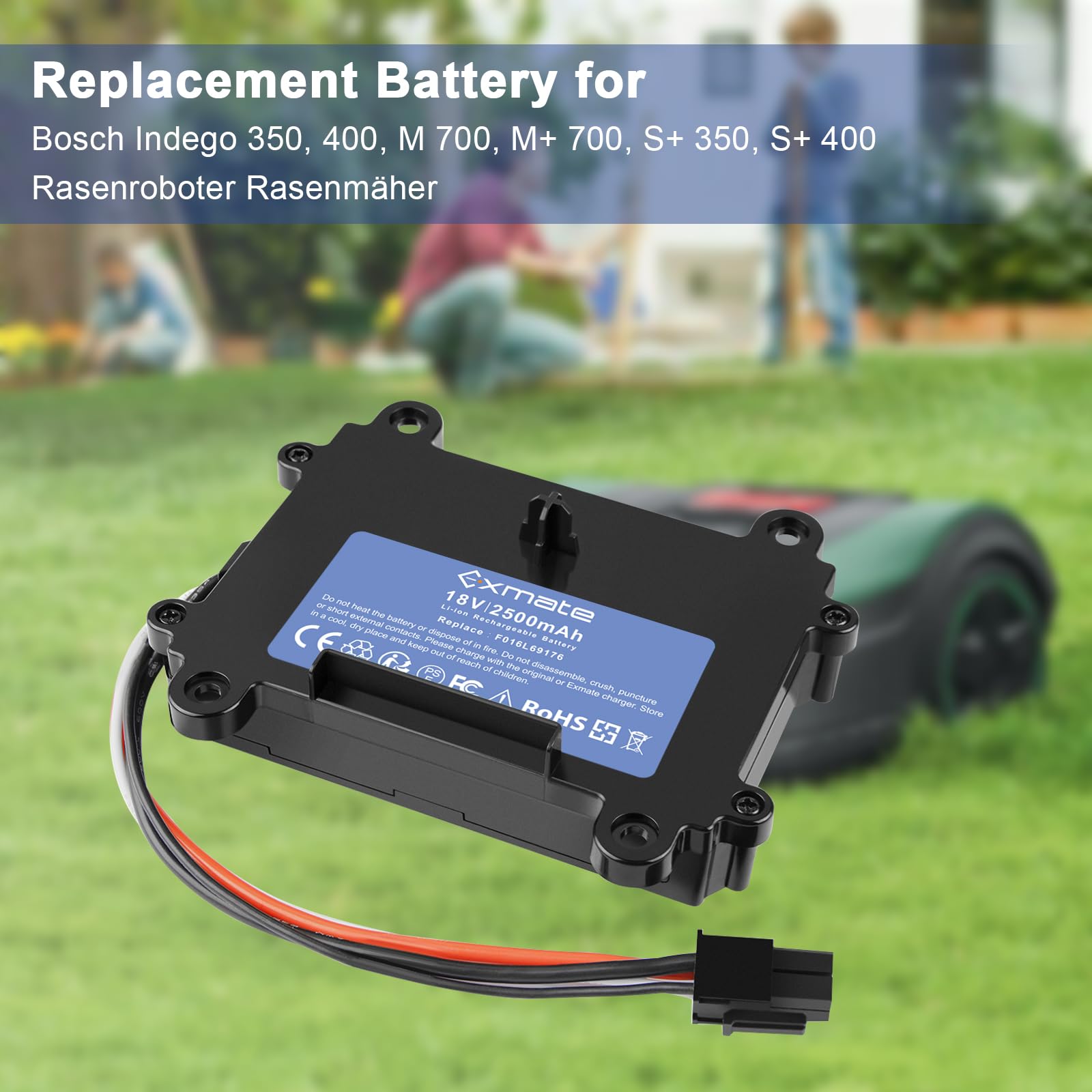 Exmate Batterie 2500 mAh compatible avec Bosch Indego 350, 400, M 700, M+ 700, S+ 350, S+ 400 - Batterie au lithium 18 V