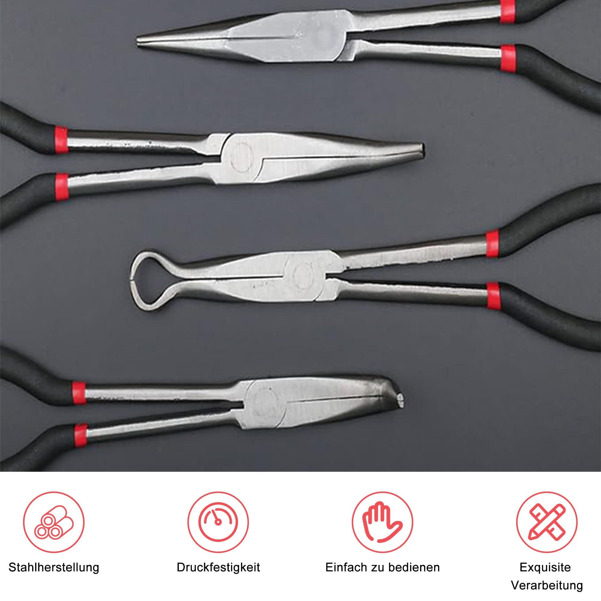 4 alicates de punta larga de 280 mm. Incluye alicates rectos de 45 grados, 90 grados y tipo O para doblar alambre, dar forma y hacer joyas.