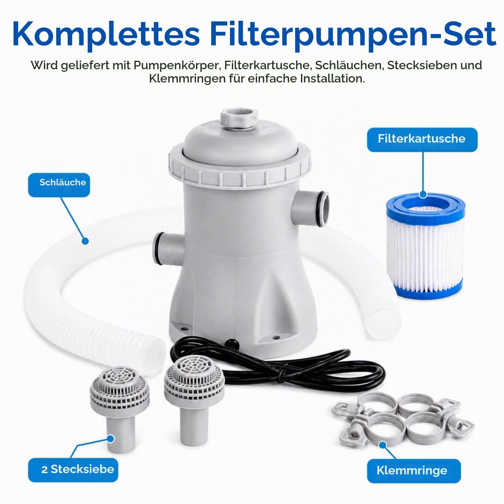 330 GPH Pool Filterpumpe oberirdisch, 16W Pool Filterpumpe Komplettset mit Schlauch - Klare Wasserzirkulation, leise versiegeltes ABS-Design für kleine bis mittlere Pools
