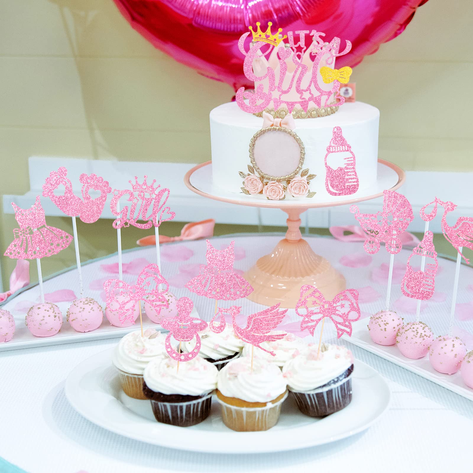 25-teiliges Babyparty-Deko Set „It's A Girl“ - Kuchen- & Cupcake-Topper Für Baby Shower (rosa Glitter)