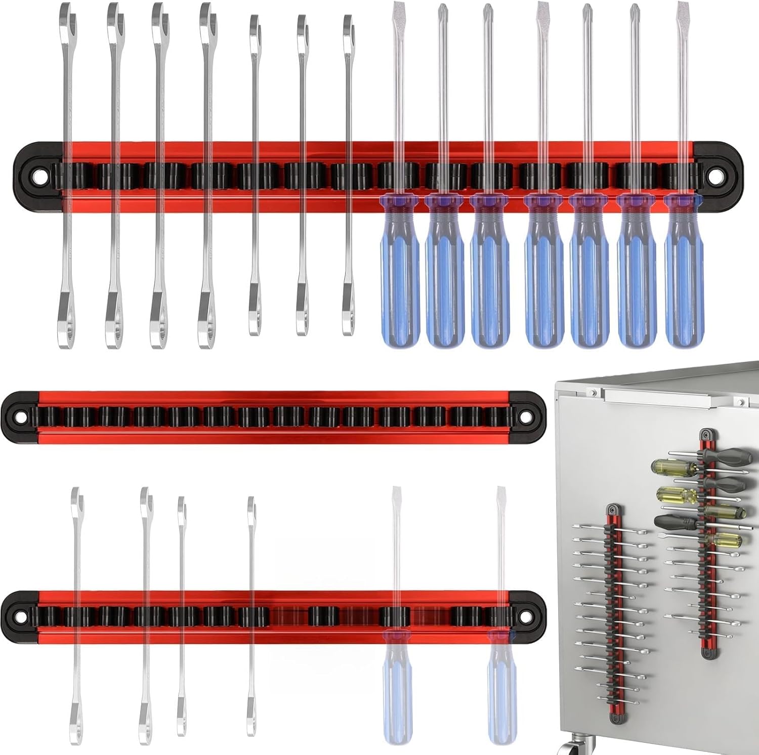 Magnetic Tool Holder - Aluminum Rails Screwdriver Wrench Organizer, Removable 14 Sliding Clips, 3 PCS Wall Mounted Strips Compact Storage for Garage Workshop Tool Box
