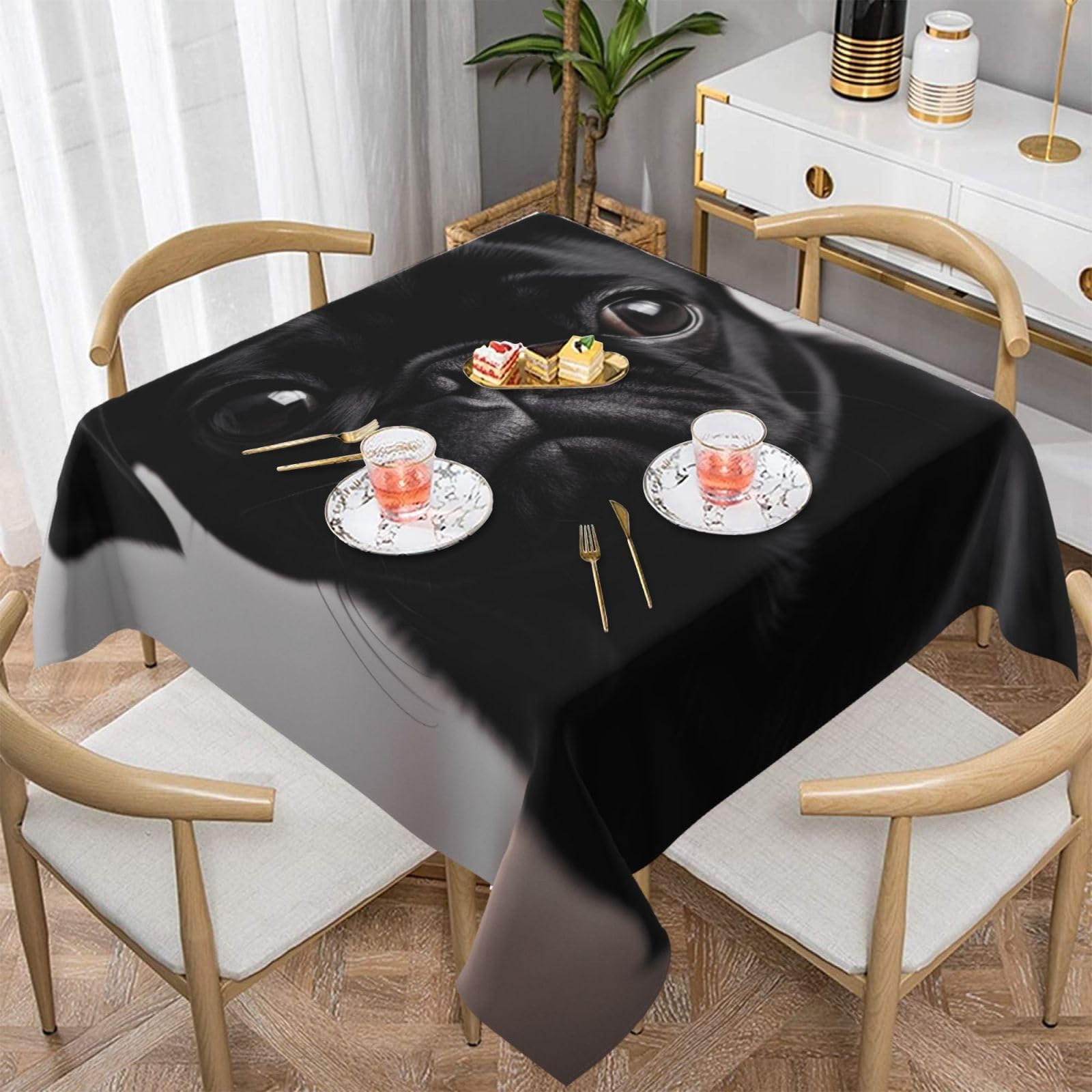 WPKJU Cute Black Pug Dog Printed Square Tablecloth 60x60 inch Water Resistant Table Cover Washable Rectangle Table Cloth for Dining Tables
