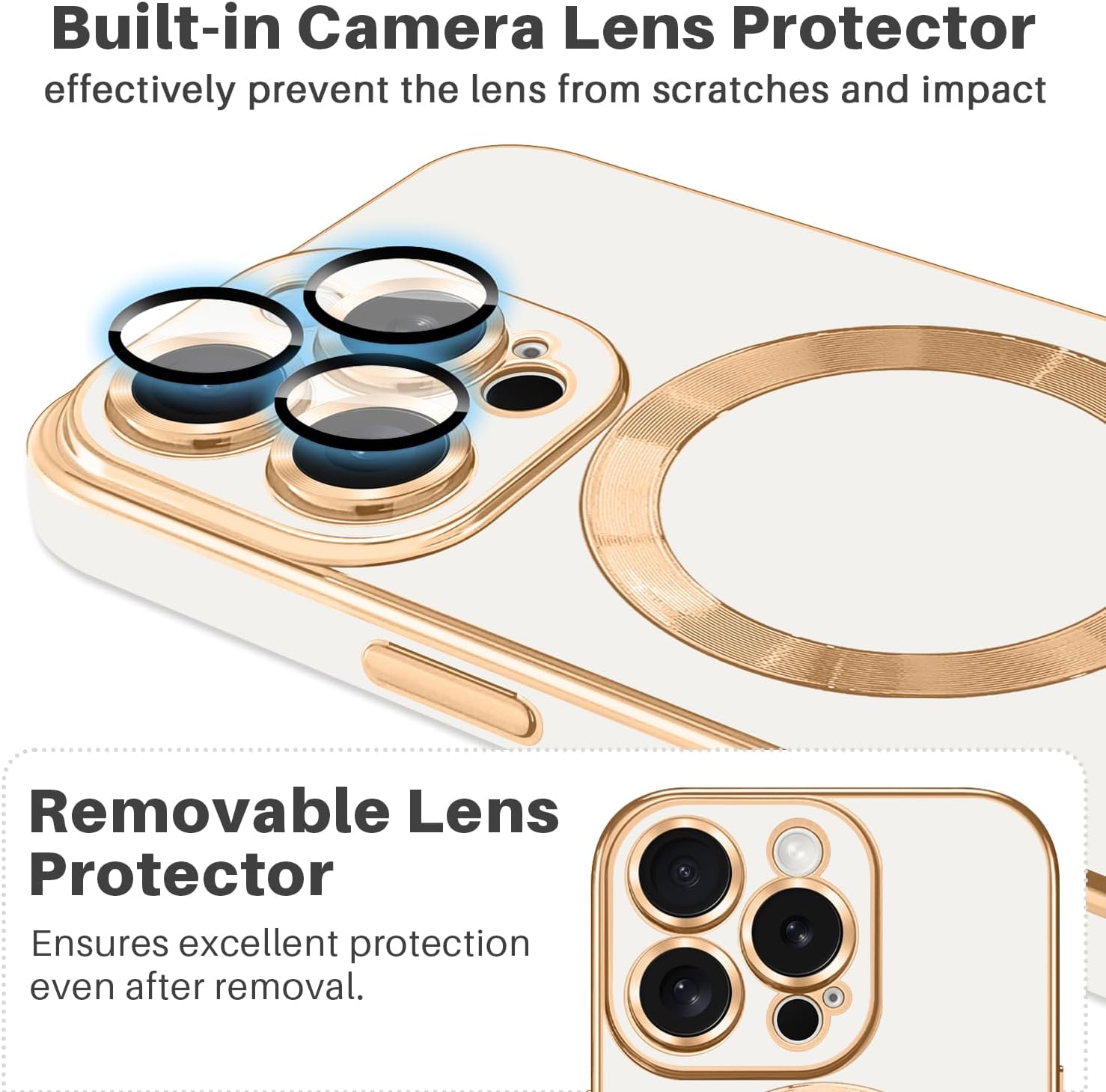 Dinick Designed for iPhone 15 Pro Case with Magnetic [Built-in Camera Cover] Compatible with MagSafe Soft TPU Glitter Cover Anti-Scratch Protective Slim for iPhone 15 Pro Case White and Gold - Image 3