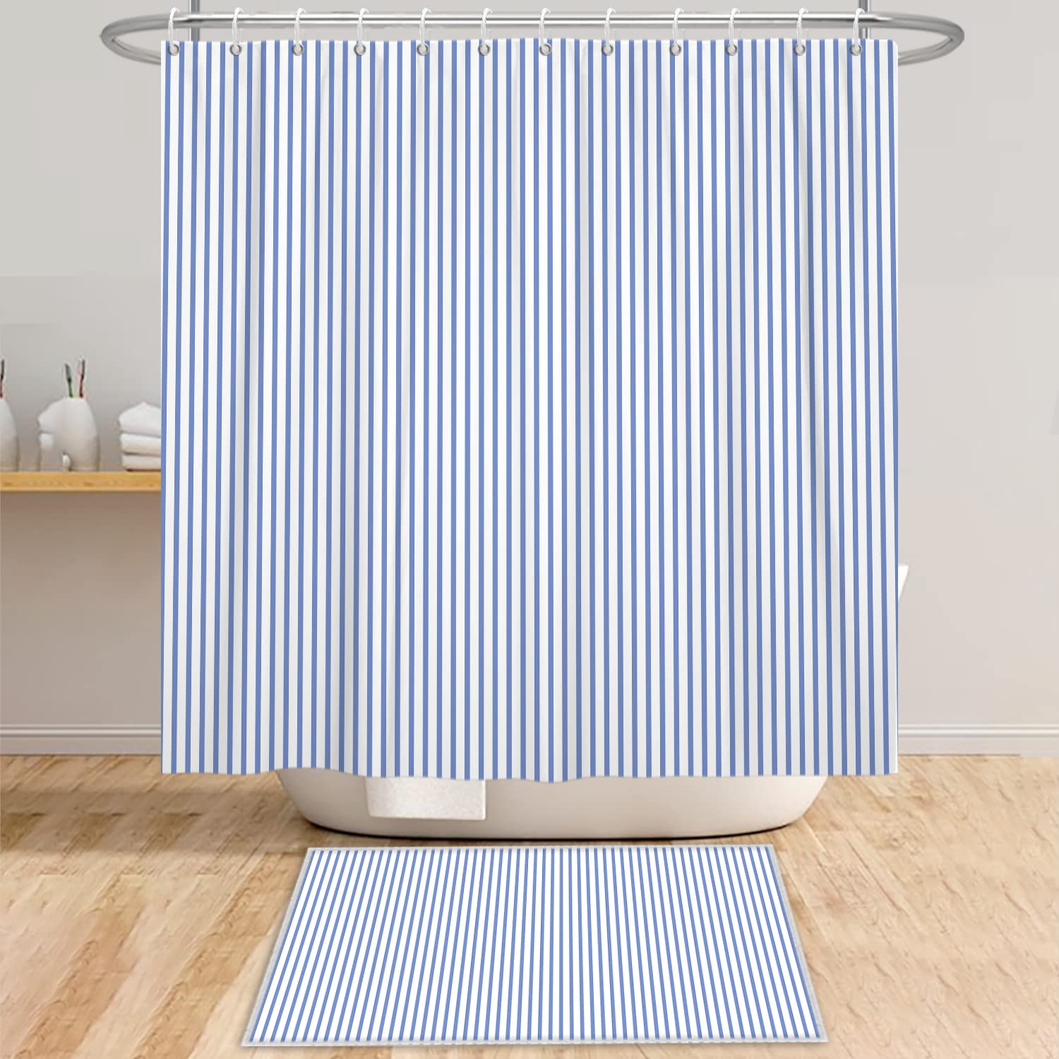 183x198cm Tenda da Doccia per Bagno, Blu Bianco Tende da Doccia a Righe Verticali Tenda Decorativa per Bagno Europeo Tenda da Bagno Impermeabile per la Decorazione della Vasca