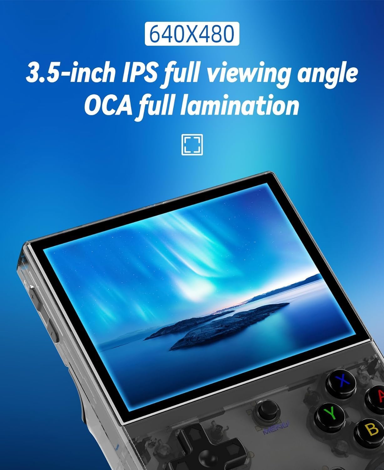 Close-up of RG35XX Plus screen highlighting 3.5-inch IPS and 640x480 resolution