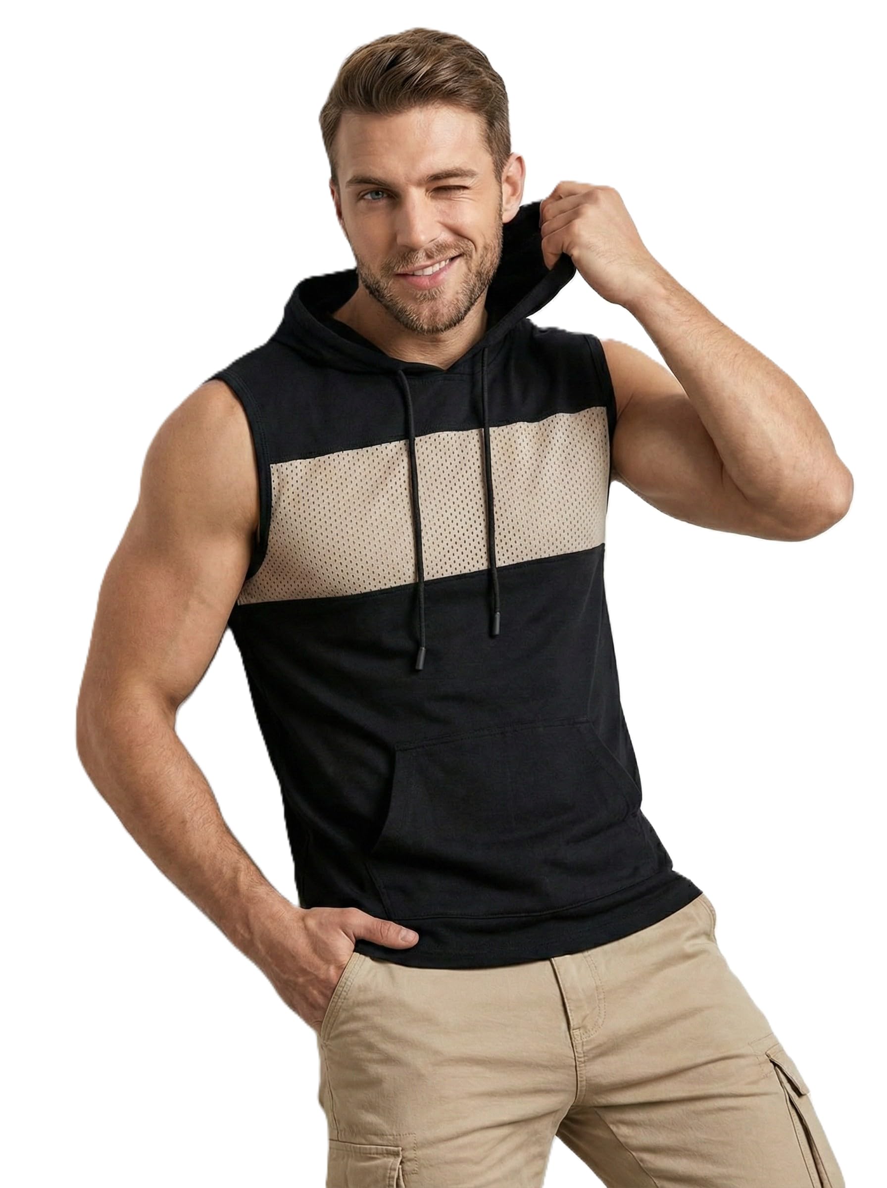 looks united Women Sleeveless Hooded Colorblocked MESH NET & Cotton Gym Vest-picture-25