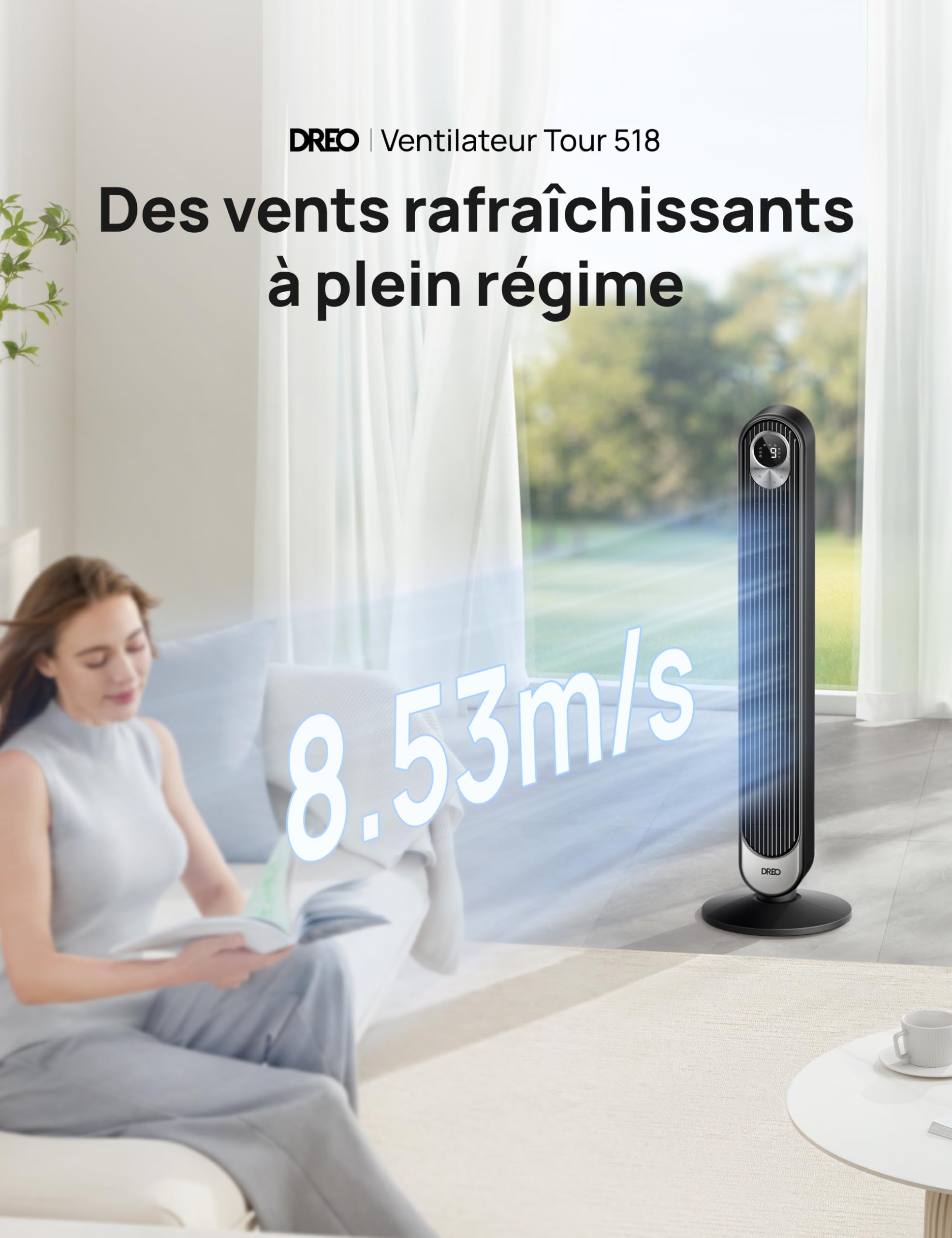 DREO Ventilateur Colonne Silencieux, Puissant Vitesse 8,53 m/s, Ventilateurs Tour de 106cm avec Télécommande, 9 Vitesses, 4 Modes, Minuterie 12H, Oscillant à 90° pour Grande Chambre
