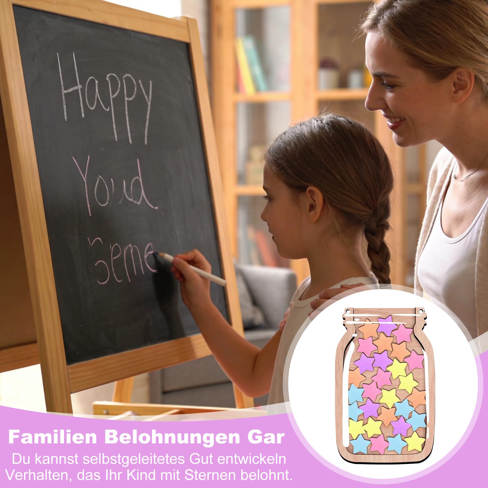 Belohnungsglas Kinder Magnetisch, Belohnungssystem Kinder mit Sternen, mit Seil zum Aufhängen und Halterung, Belohnungstafel kinder aus Holz für positiven Verstärkung in Zuhause und Schule
