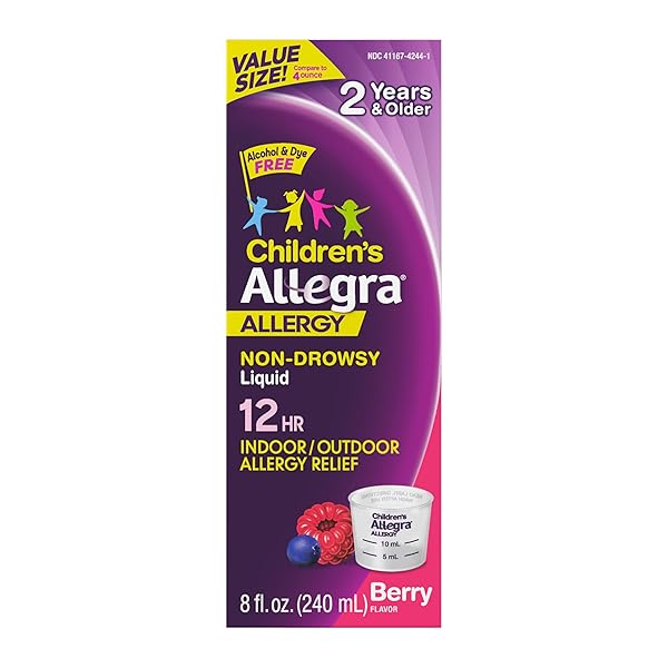 Allegra Children's 12-Hour Allergy Relief Liquid, Non-Drowsy Indoor and Outdoor Allergy Medicine, 30 mg Fexofenadine HCI Antihistamine for Kids, Berry Flavor, 8 oz