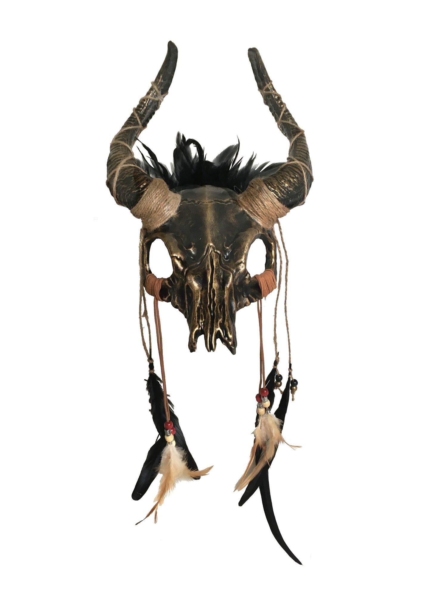 shoperama Kopfschmuck Tierschädel mit Hörnern Federn Perlen Voodoo Priester Krieger Schamane Barbar, Farbe:Schwarz/Gold