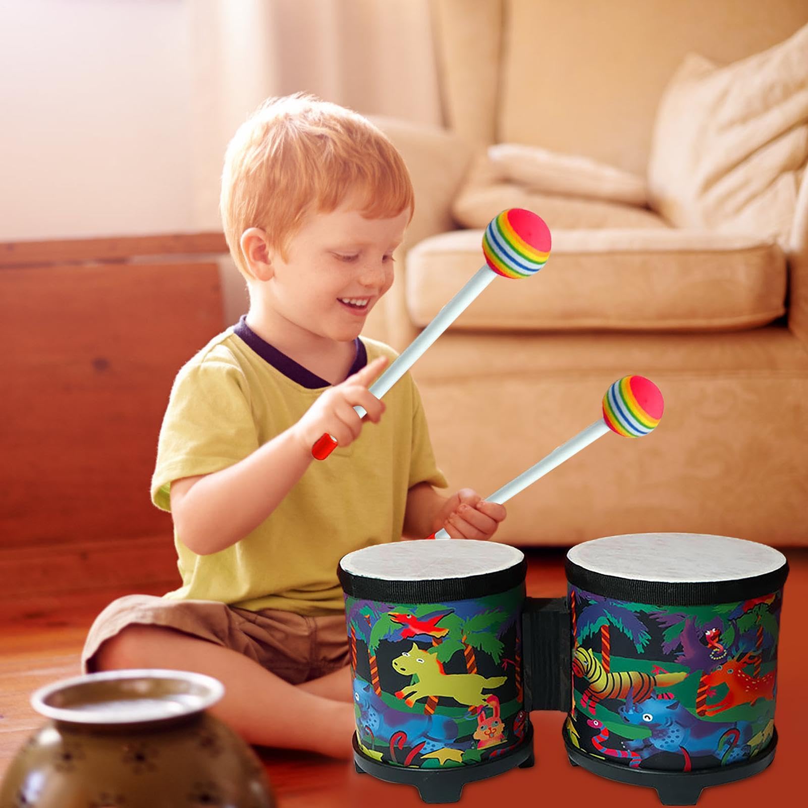 Bęben bongo dla dzieci, bęben bongo dla dzieci, śliczna zabawka | muzyczna z bębnem ręcznym | bęben ręczny, ręcznie wykonany bęben z 2 kolorowymi pałeczkami, instrumenty muzyczne do i