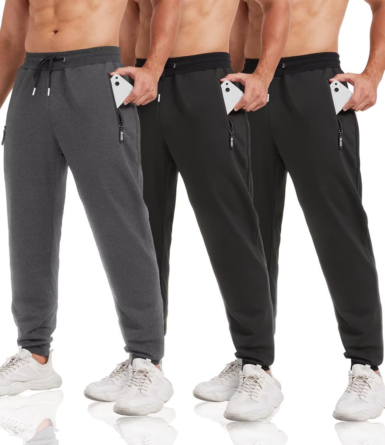 lomsoe 3 Pack Sweatpants for Men Tapered Mens Joggers Pants with Zip Pockets Slim Fit Running Gym Sweat Pants Gifts for Men