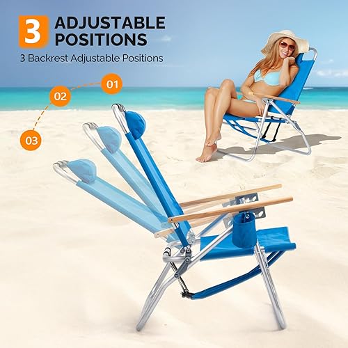 Miniatura 5 de VINGLI Silla de playa de aluminio de 13 pulgadas, sillas de playa altas para adultos, portátil con correas ajustables, reclinable de 3 posiciones,