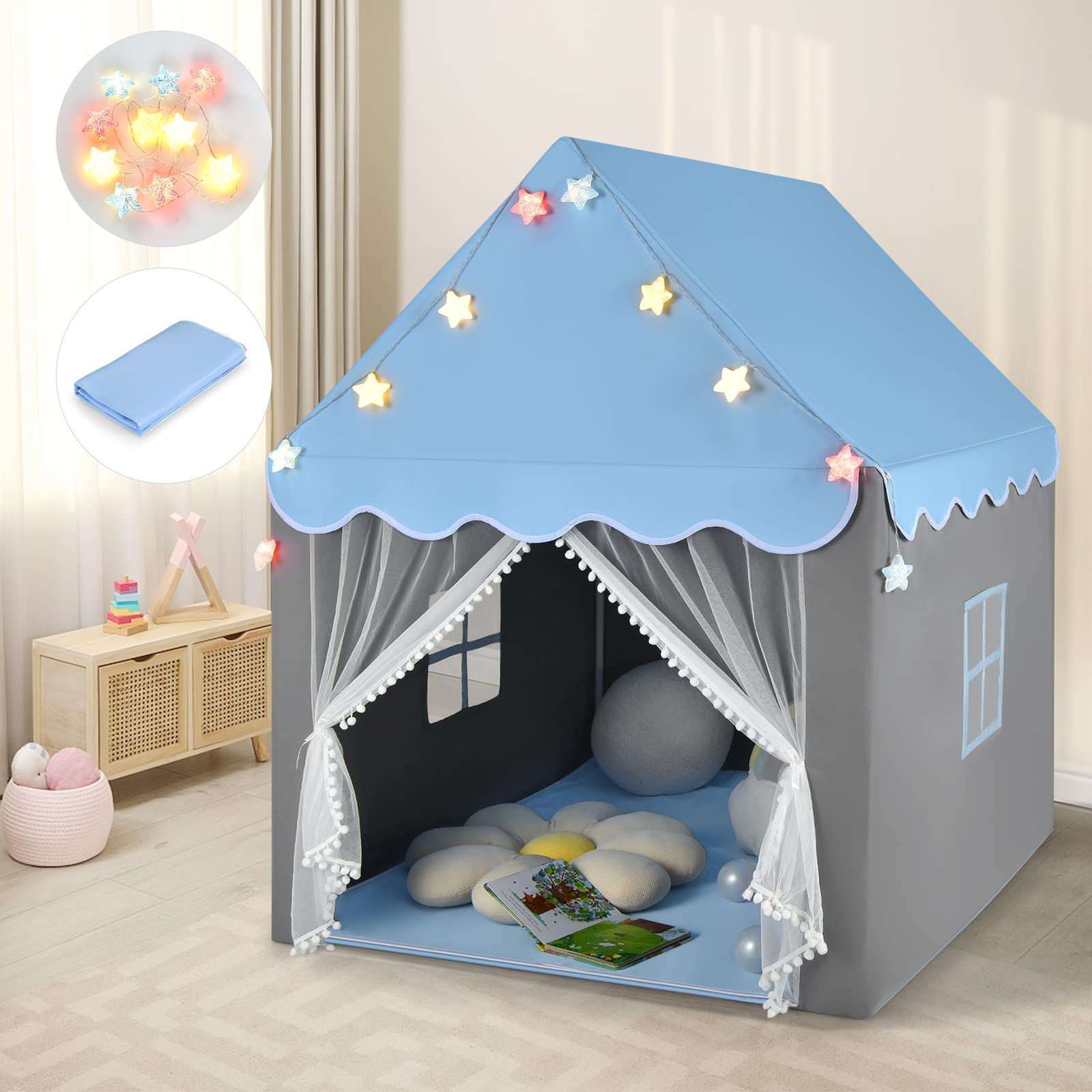 COSTWAY Kids Play Tent, Large Playhouse with Washable Mat and Star Lights, Indoor Outdoor Castle Fairy Tents for Children Boys & Girls Gift (Blue)