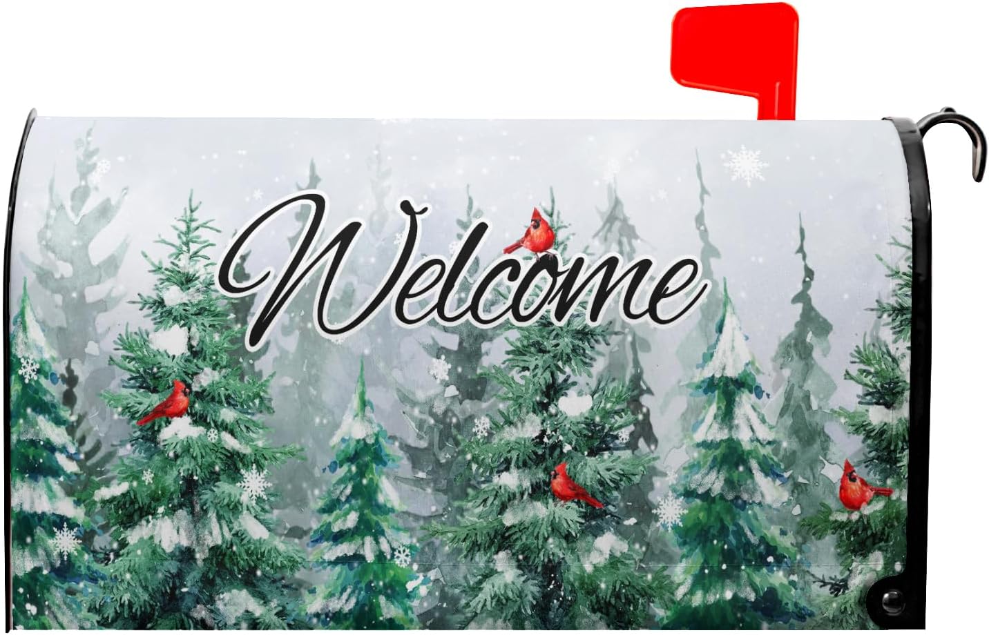 Snow Green Forest Magnetic Winter Tree Red Birds Christmas Mailbox Cover - Standard Size 18 X 21 Holiday Wrap for Home Outdoor Garden