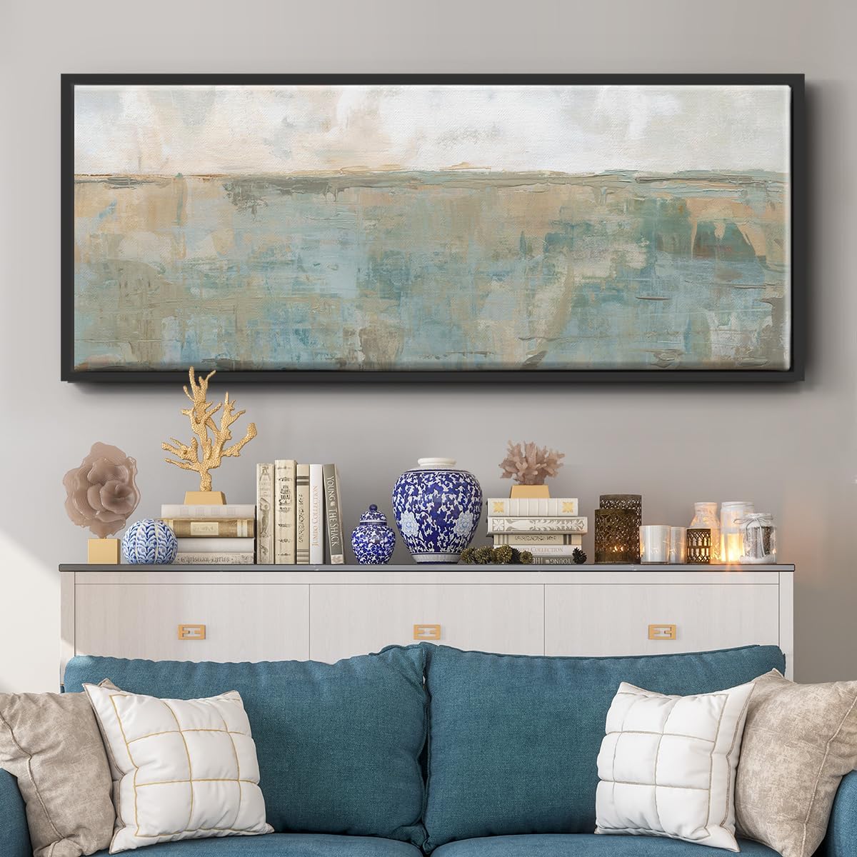 Renditions Gallery Abstract Art Work Home Decor Distant Fields Floater Framed Canvas Wall Art Paintings for Lounge Office Kitchen - 24"X60" BLACK Frame -034