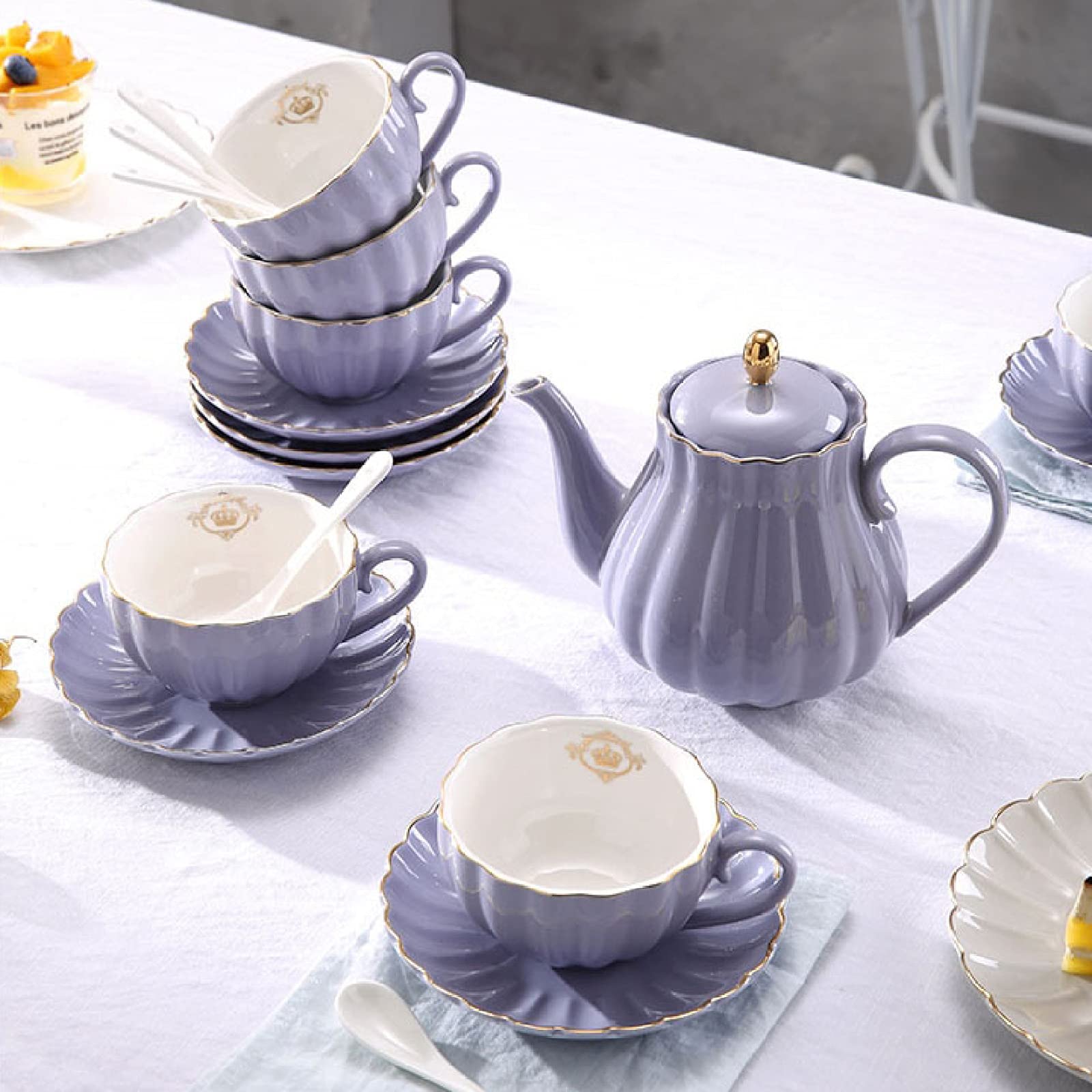 16 Pezzi Set da tè in Porcellana Set da Regalo in Ceramica per caffè E tè Serie Teiera Viola Zuccheriera E Cucchiaini,Purple