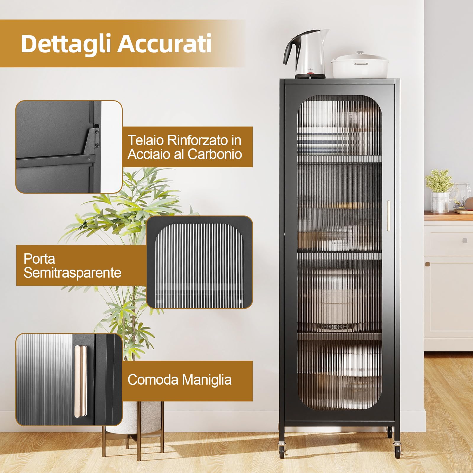 COSTWAY Mobile da Cucina in Metallo a 5 Ripiani, Credenza Salvaspazio con Mensole Regolabili 4 Ruote, Base Intercambiabile e Porta Semitrasparente, Organizzatore per Sala da Pranzo, Soggiorno (Nero)