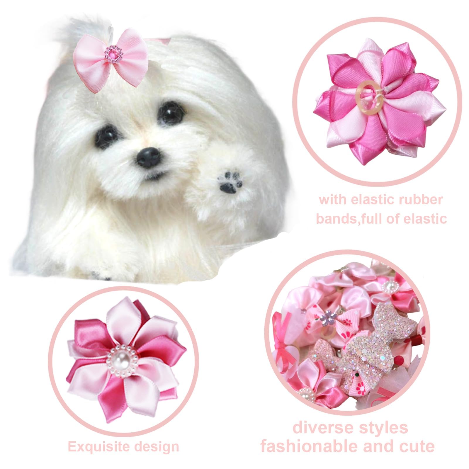 IAXSEE 20pcs Light Pink Small Puppy Dog Hair Bows with Rubber Bands, Flower Ball Bowknot Rhinestone Pearls Hair Ties Mix Style for Dog Hair Accessories