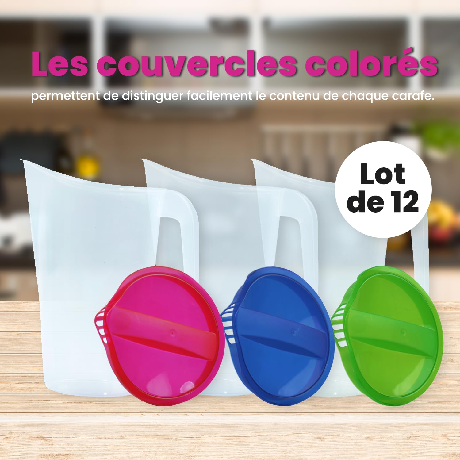 Home Line Lot de 12 pichets à jus de 1,7 l - Verseuse avec bec verseur extérieur anti-goutte - Carafe à eau pour réfrigérateur - Distributeur de jus (bleu, vert, rouge)
