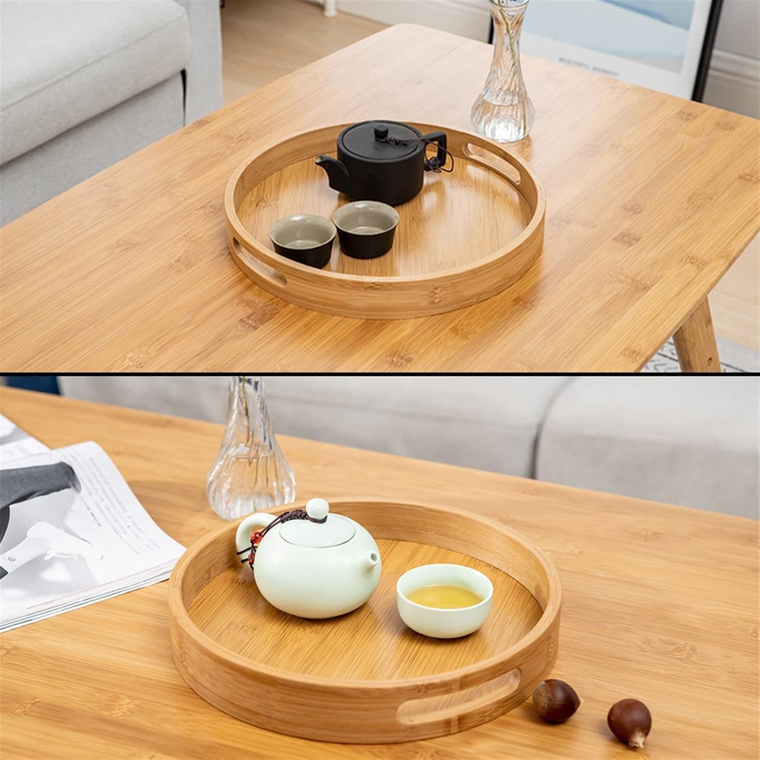 グレートレイ 竹材 パーティーサービングトレイ ナチュラル ラウンド カットアウトハンドル ポータブル 宴会 盛り上がったエッジ ダ