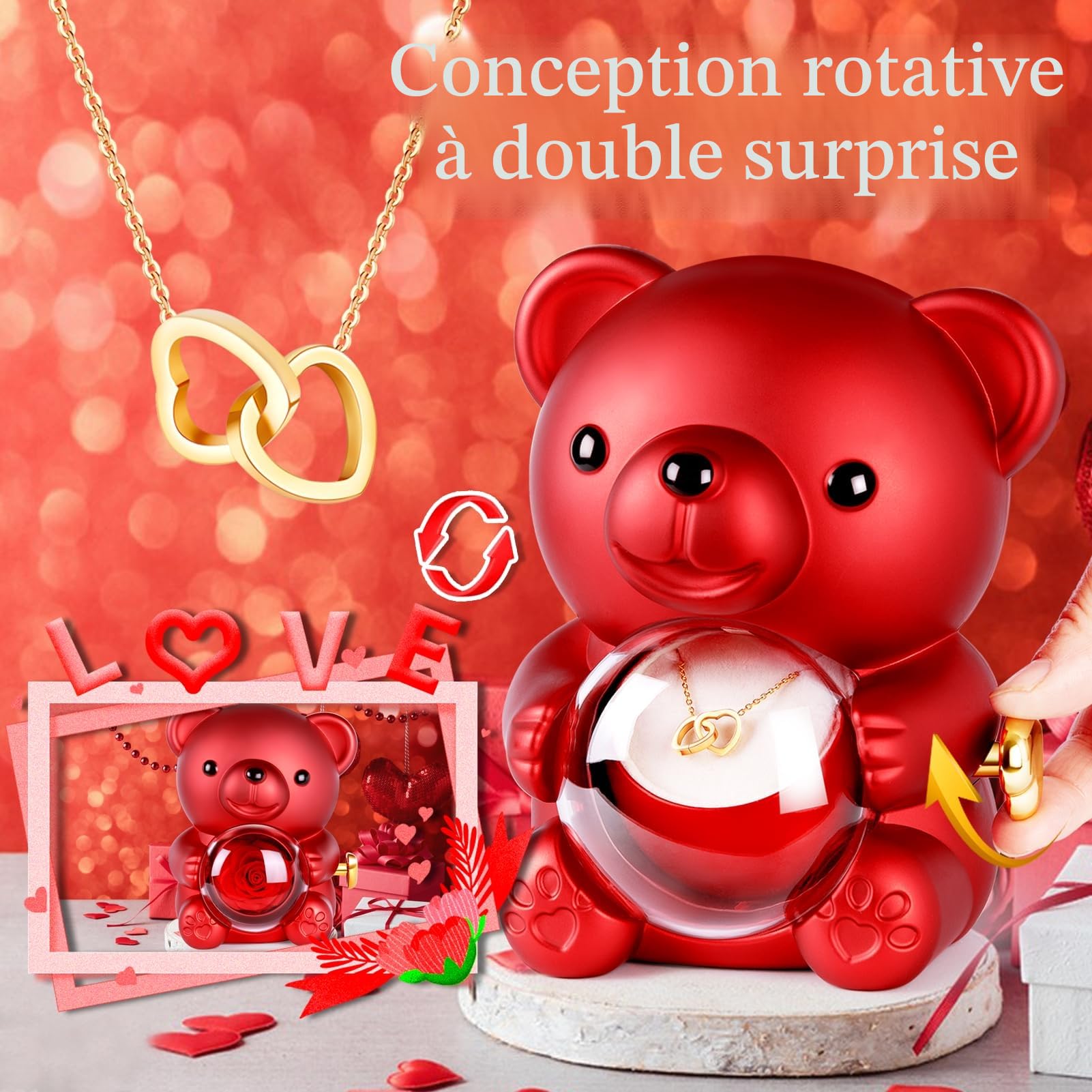 Ours Rose Eternelle avec Bijoux Cachée, Ourson avec Rose Eternel, Cadeau Saint Valentin pour Femme, Cadeau Anniversaire Femme, Idées Cadeaux Noël et Fête des Mères pour Maman, Fleur Eternelle Ours