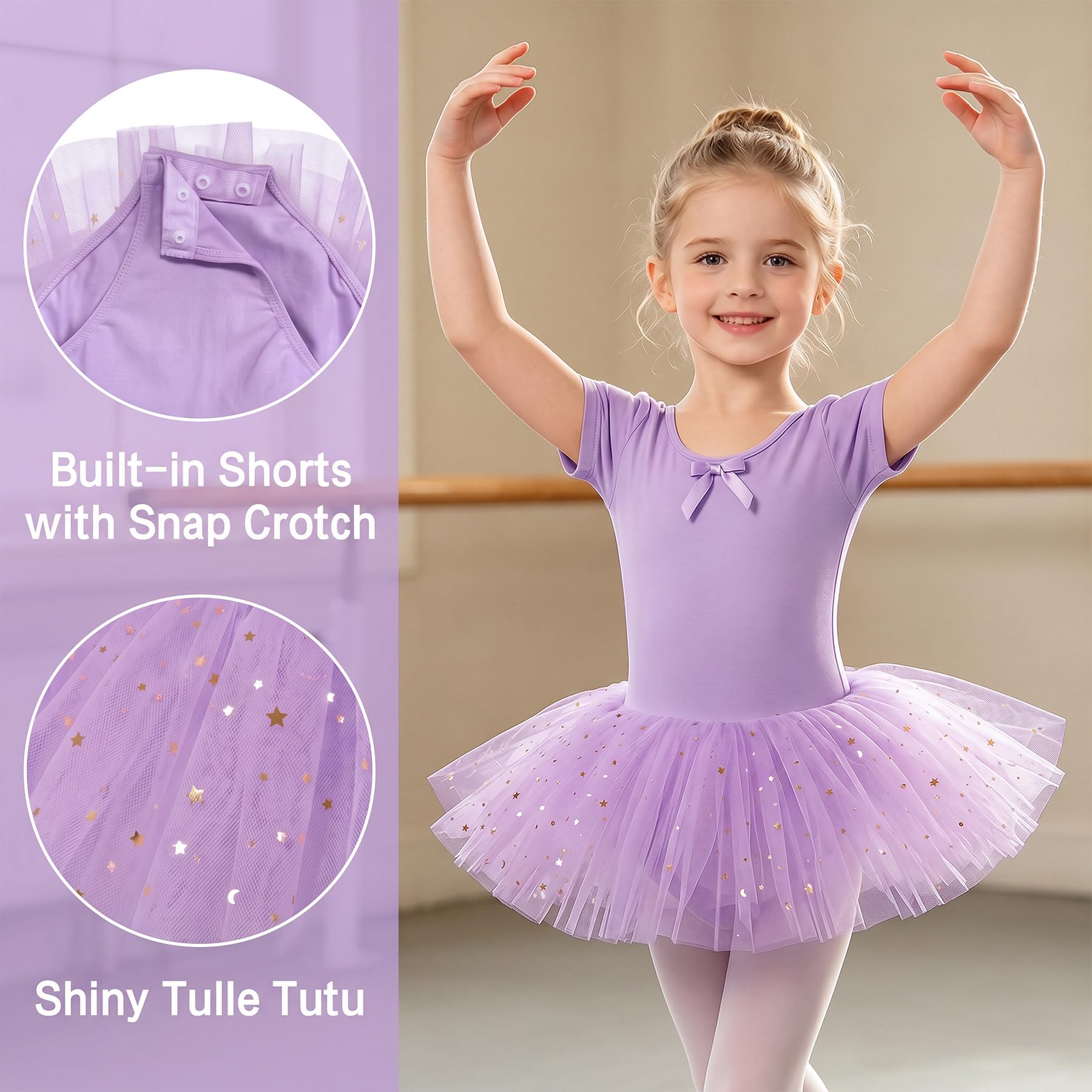 JinBei Robe Ballet Fille Coton Justaucorps avec Jupe Tutu Paillettes Manches Courtes Tutu Danse Classique Filles Confortable Costume Enfant pour Spectacle Compétition Quotidien, 2-9 Ans
