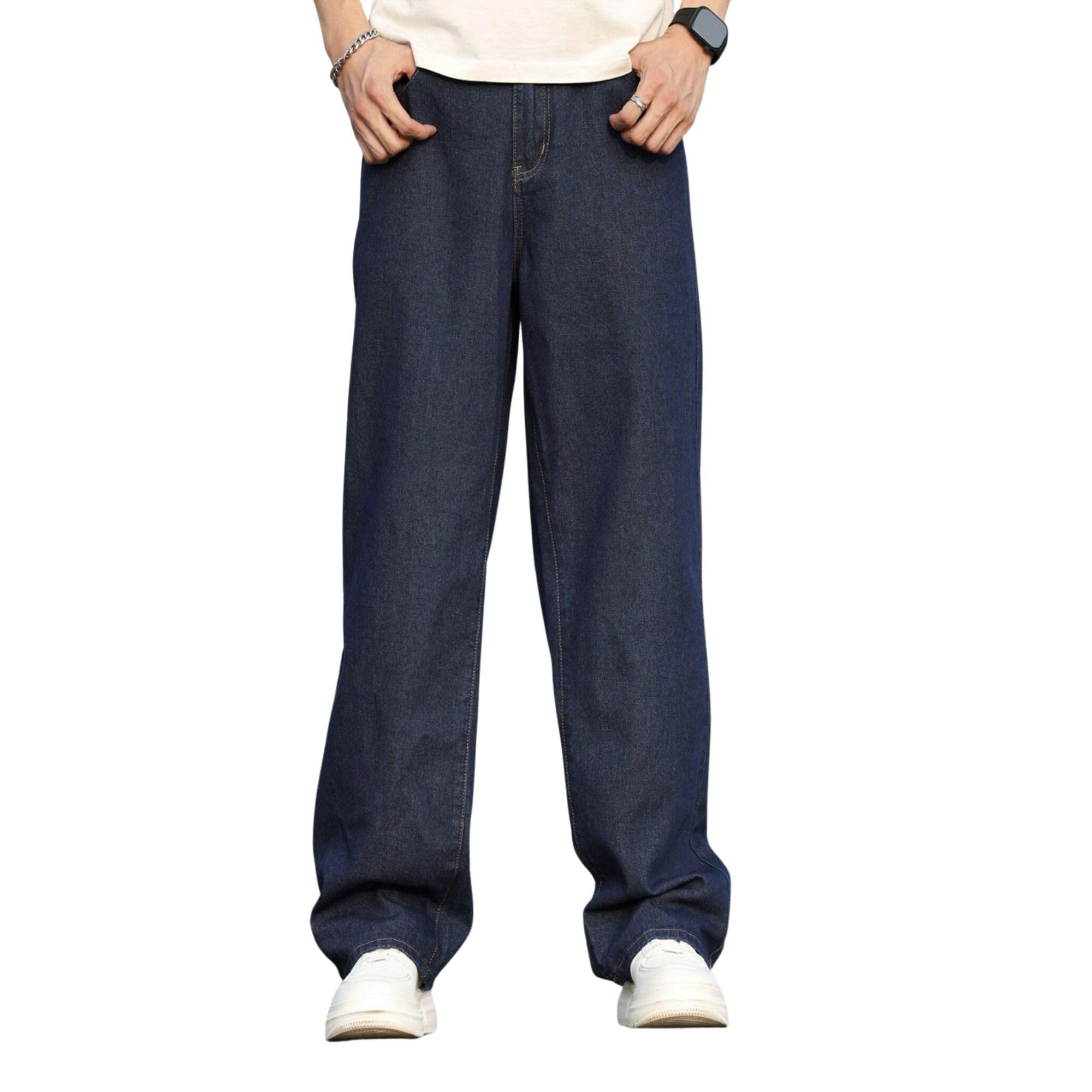 Men Loose Fit Jeans Dark Blue Denim Pants | Straight Leg Casual Wear Trousers | Mid Rise Everyday Street Style Bottom Wear-image-41