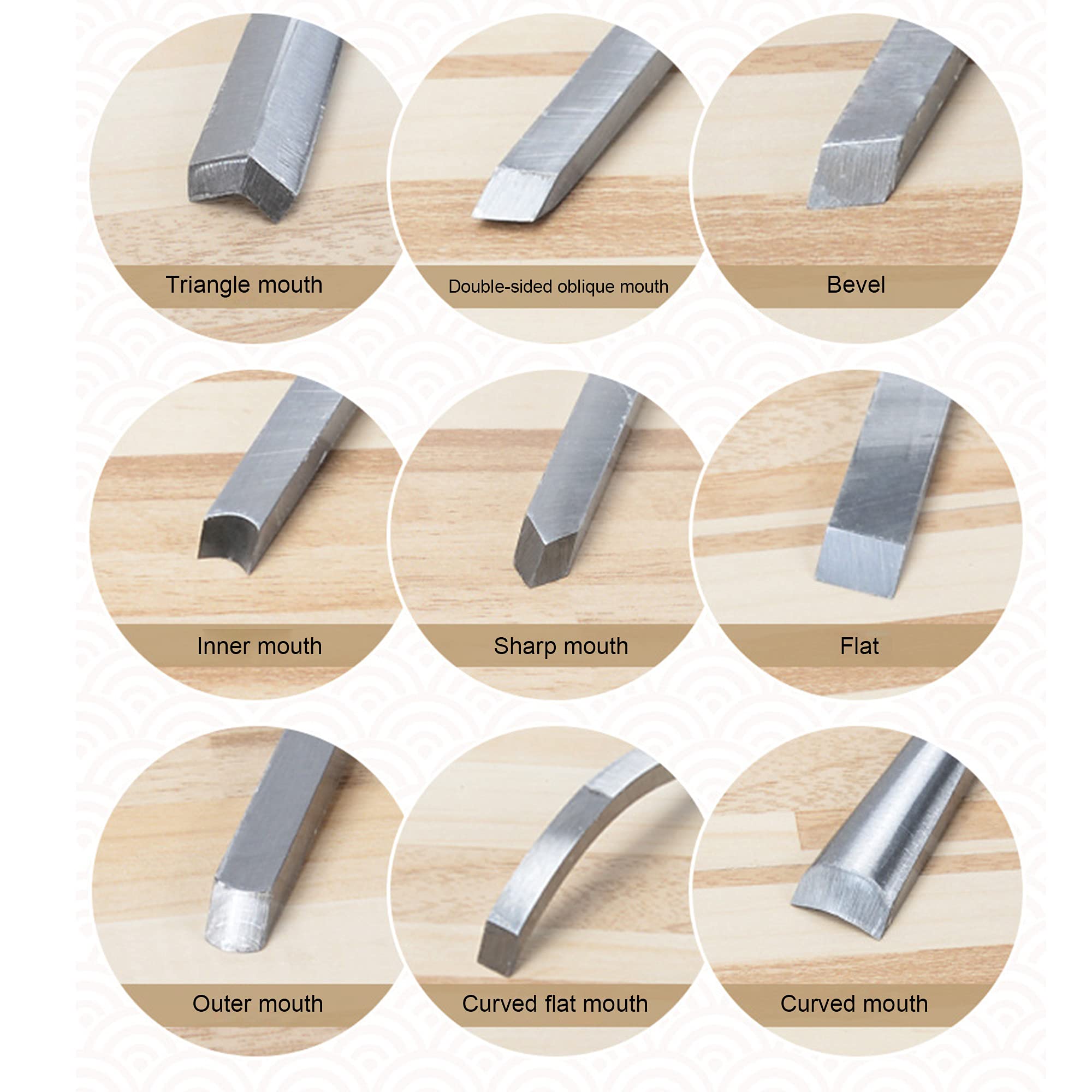 Cinceles para madera 12 piezas Juegos de formones de cinceles de mano para tallar madera acero al manganeso de 65Mn cinceles para madera para maderas duras y blandas