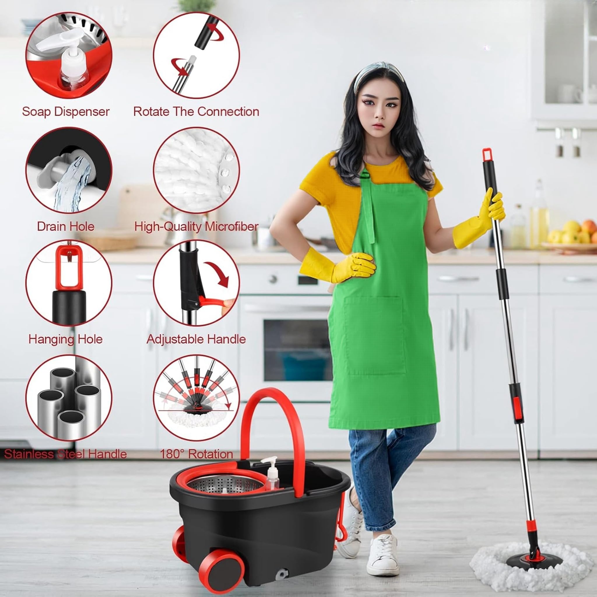 Juego de fregona giratoria y cubo con escurridor en ruedas, sistema de cubo giratorio de 360° para limpieza de pisos, juego de fregona y cubo con 3 cabezales de repuesto de fregona de microfibra y