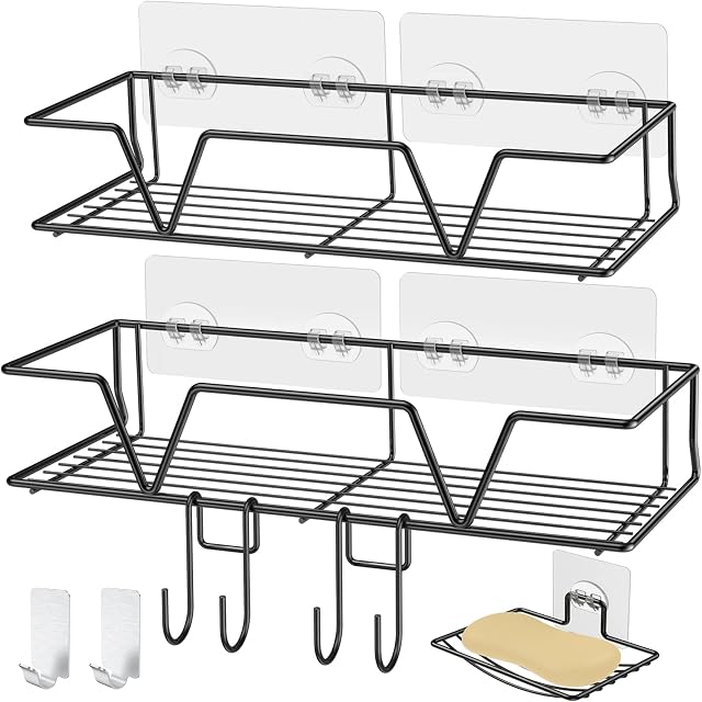 Sotfamily 2 Packs Black Shower Shelf + 1 Soap Holder, No Drilling Shower Caddy with 2 Hanging Hooks & 2 Self Adhesive Hooks, Rust Free SUS304 Stainless Steel Shower Storage for Bathroom