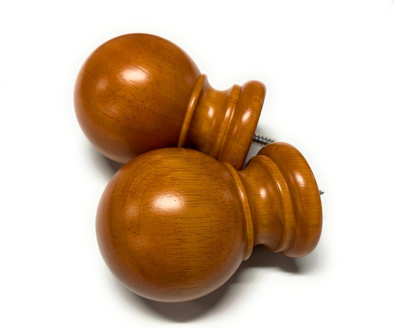 Decorative Screw in Wooden Drapery Rod Finials, Ball Style. Set of 2.