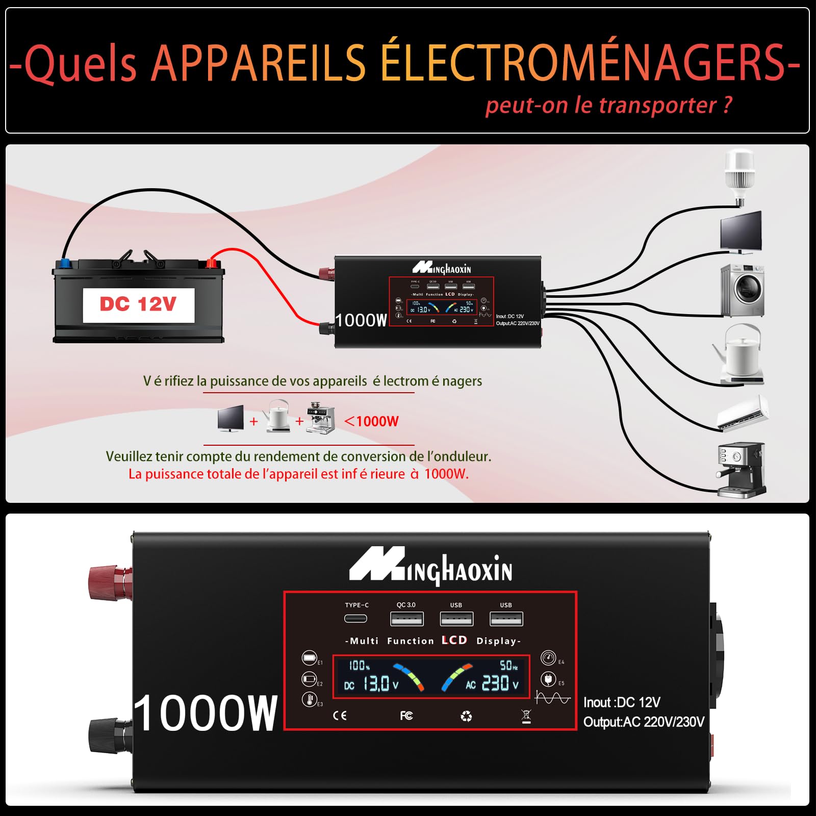 Convertisseur 12V 220V Pur Sinus 1000W/2000W Inverter Convertisseur De Tension avec EU De Courant Alternatif Et 3 Port USB-A Et USB-C De Voiture De Tension Onduleurr pour RV Voiture De Camion