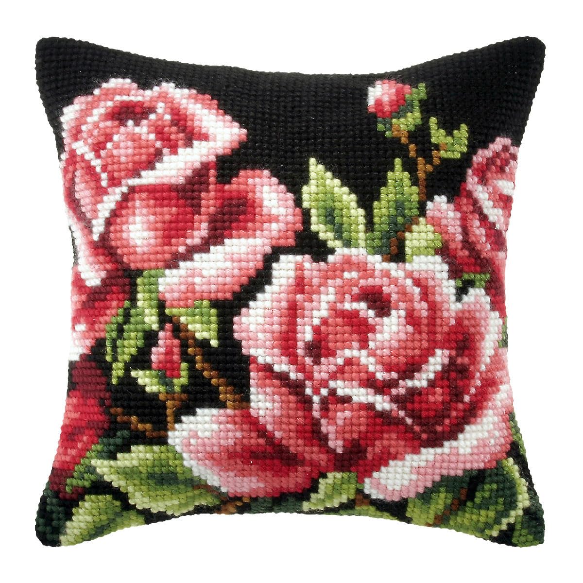 Orchidea Roses On Black Background Large Cross Stitch Cushion Kit, 40 X 40Cm