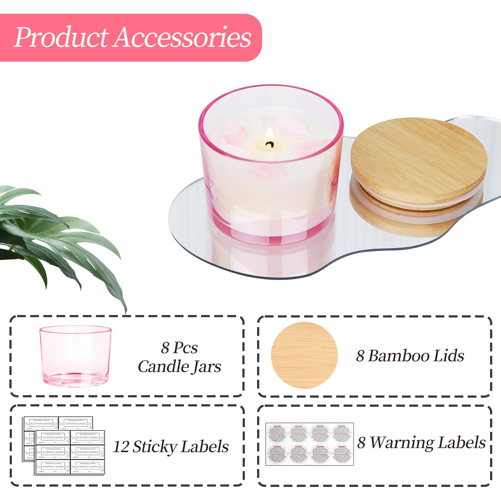 Lot De 8 Pots à Bougies En Verre 350ml Avec Couvercles Bambou - Kit Fabrication Bougies CONNOO Avec Étiquettes