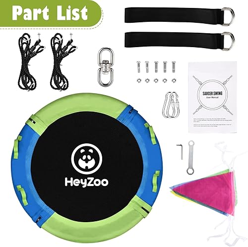 Miniatura 7 de Columpio de árbol de 43 pulgadas, juego de columpio de platillo para niños, viene con giro de 360 grados y correa ajustable para colgar, verde y azul