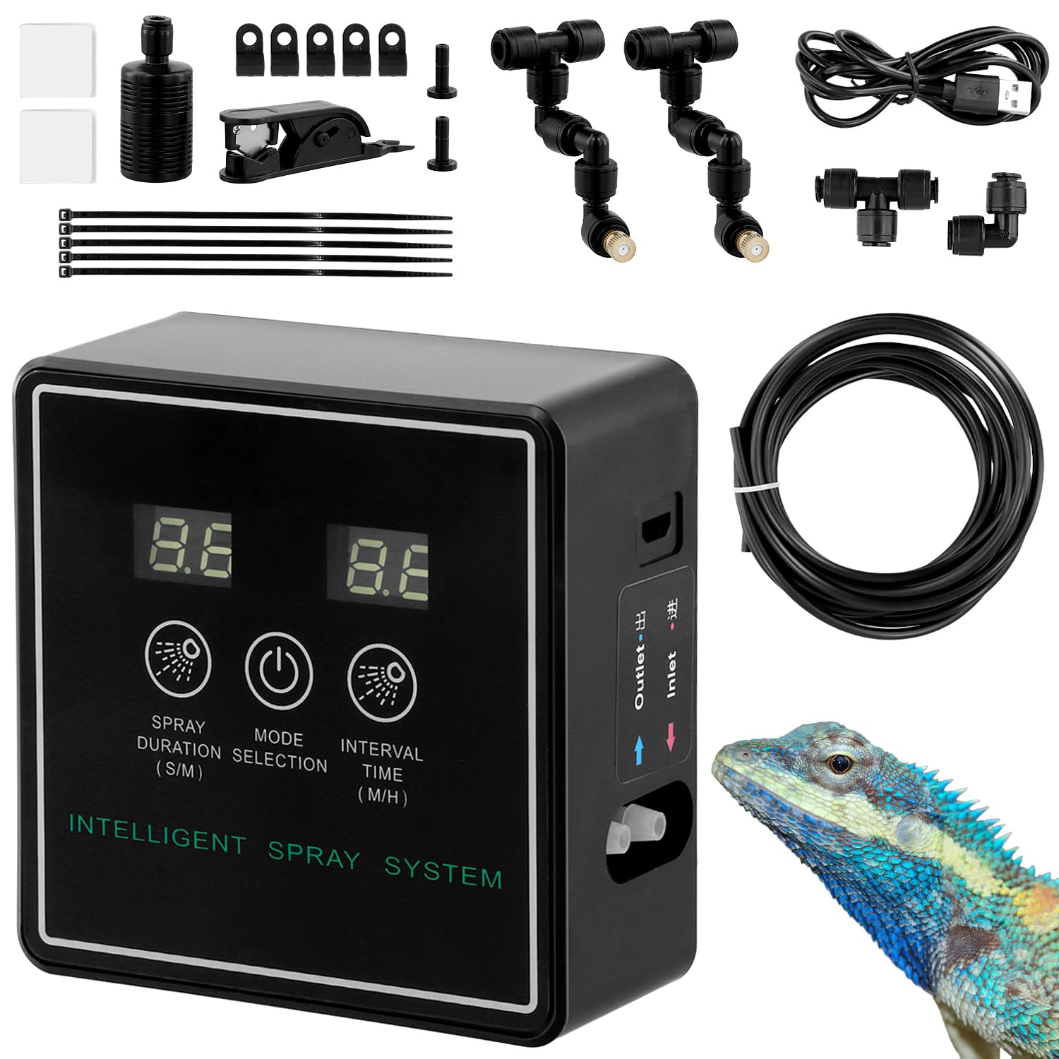 QWORK® Sistema Inteligente de nebulización para Reptiles,humidificador de Reptiles, boquillas rociadoras de 360°, para riego de Reptiles y Plantas