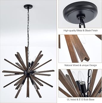 9-Light Sputnik Pendant Light Black, Farmhouse Wood Chandelier for Dining Room Industrial Hanging Light Fixture Ceiling for Bedroom Entryway Kitchen Foyer Living Room