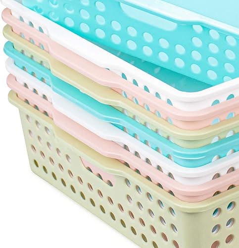Miniatura 4 de Lawei 8 Pack Plastic Storage Baskets - Colorful Paper Organizer Baskets Plastic Shelf Bins with Handles, Classroom Office File Holder for Home