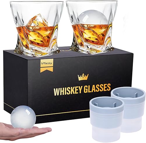 Mfacoy Juego de 4 vasos de whisky de estilo antiguo (2 vasos de cristal de bourbon, 2 moldes redondos grandes de bola de hielo de 11 onzas con caja
